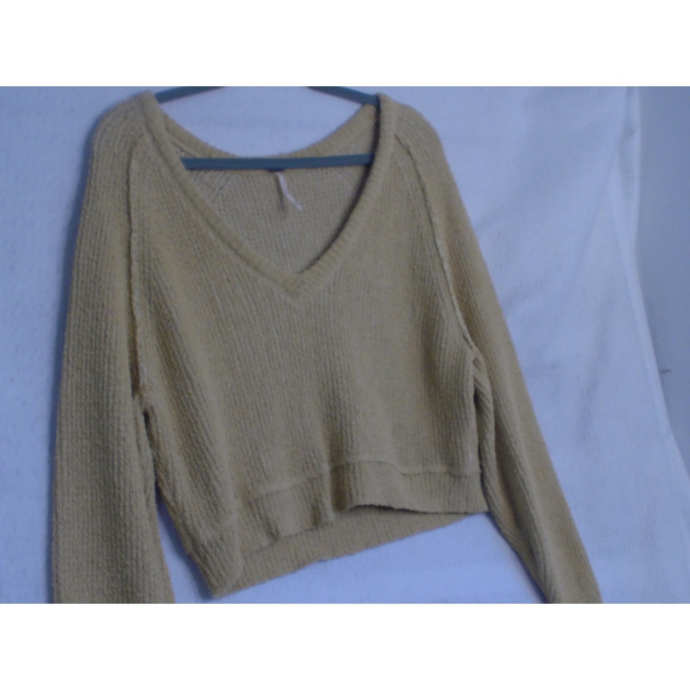Free People Mustard Yellow V-Neck Knit Cropped Sweater XS‎ OB841249 - Picture 7 of 8